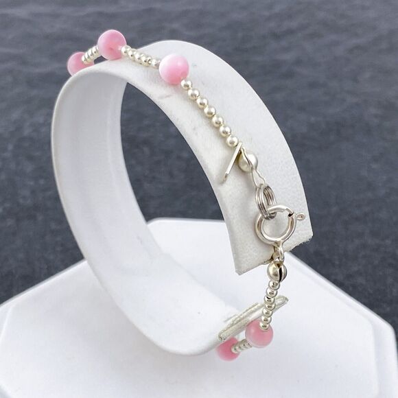 Vintage Jordan Sterling Silver 925 Pink Synthetic Cat's Eye Beaded Bracelet 7.5" - Picture 3 of 8
